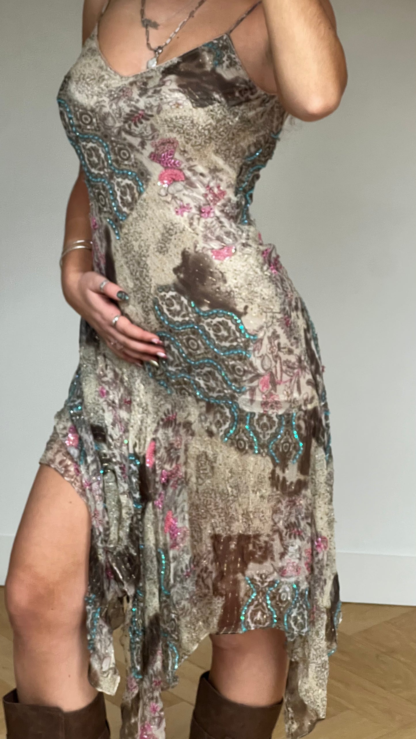 00s brown Sue Wong beaded midi dress- size S
