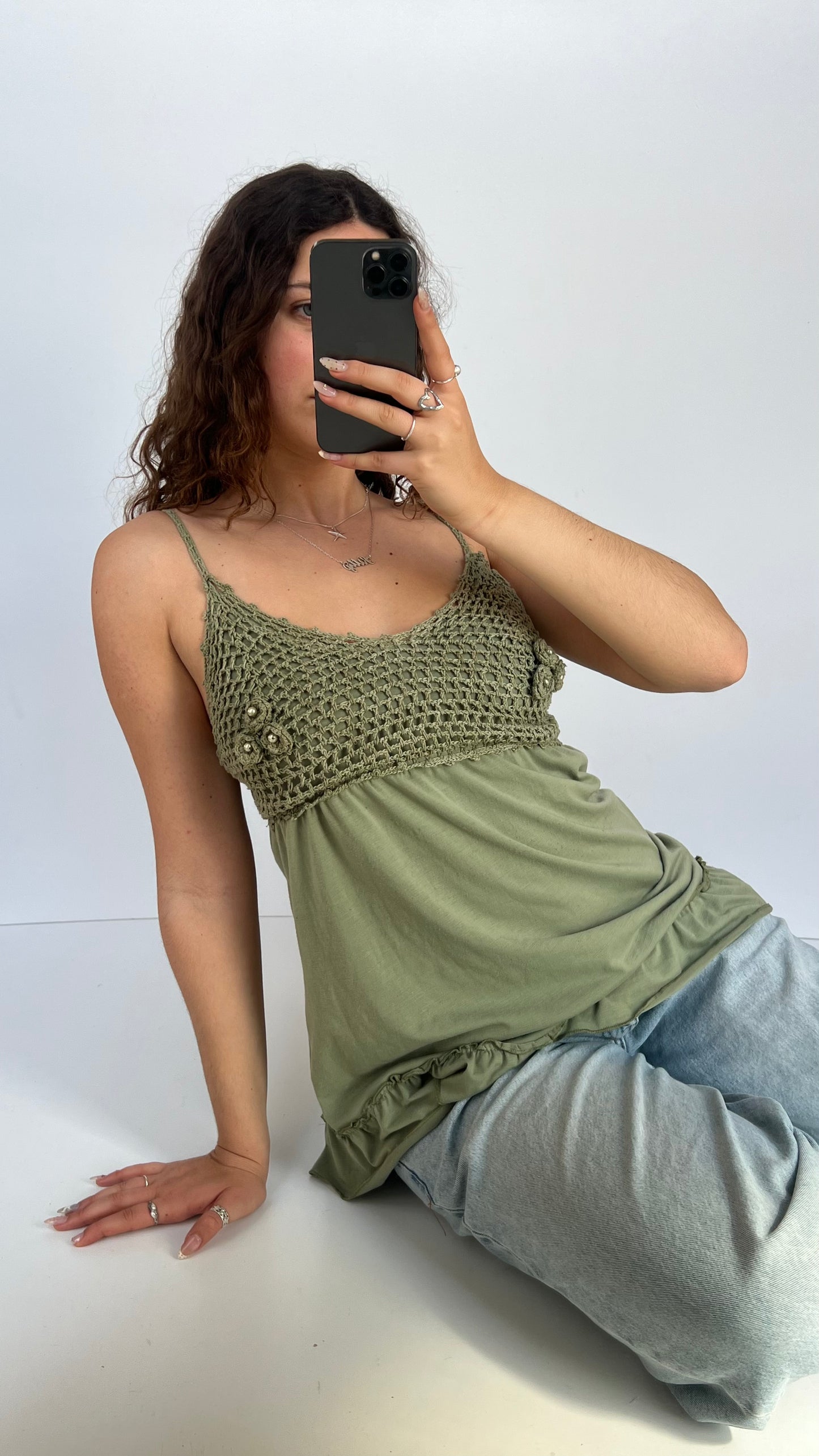 00s green crochet babydoll cami- size L