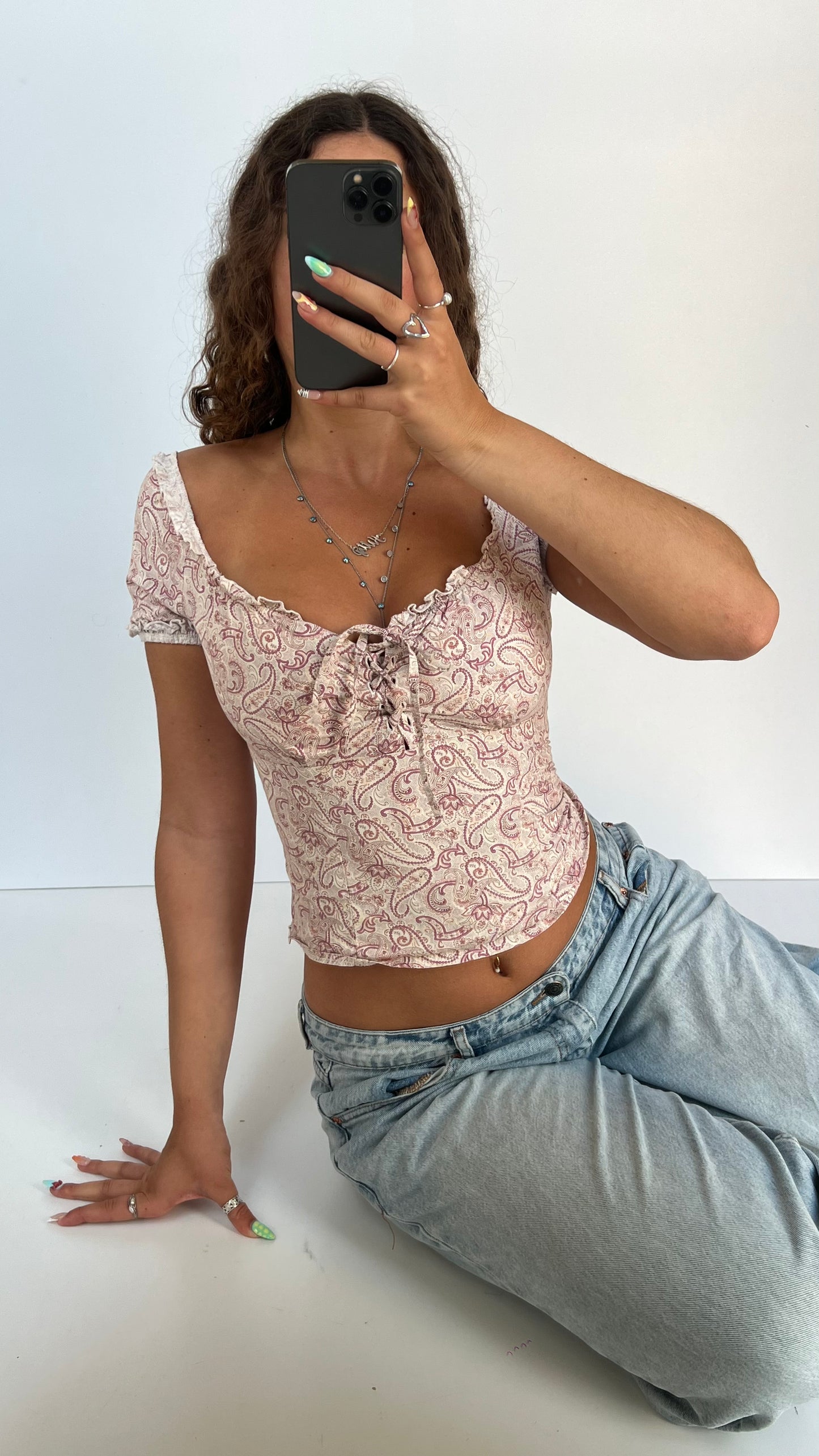 00s pink paisley milkmaid top- size S