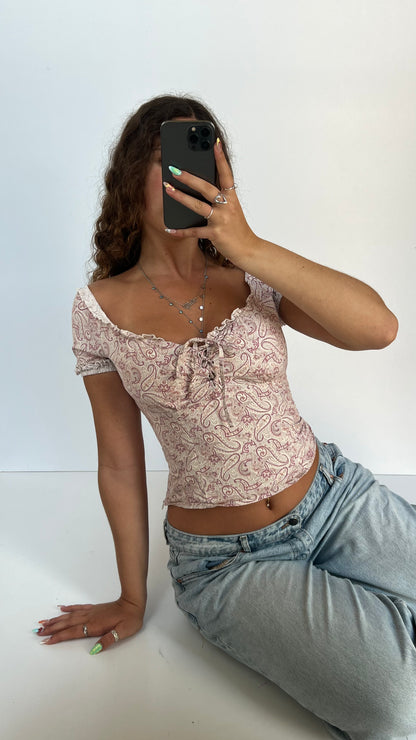 00s pink paisley milkmaid top- size S