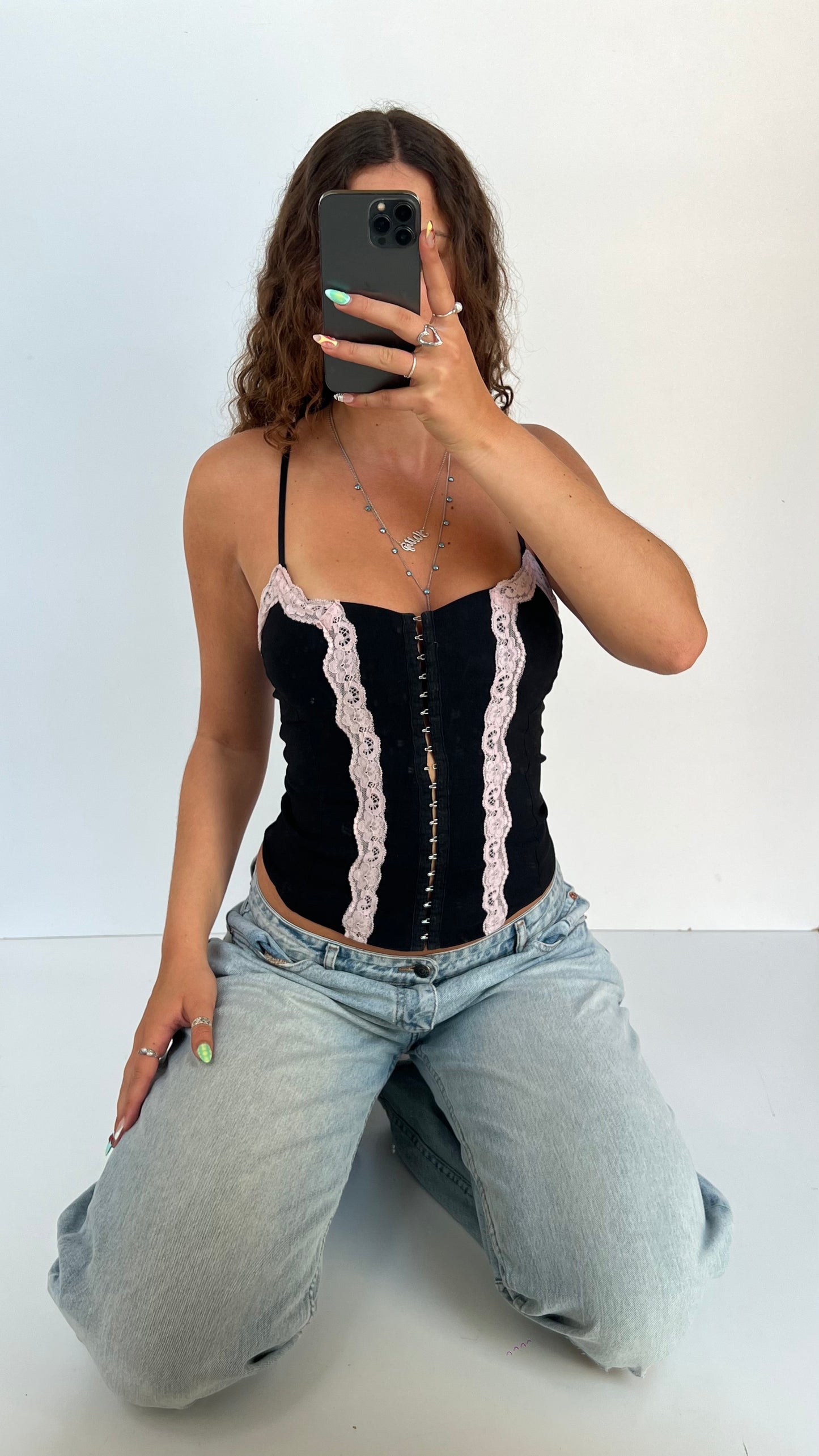 00s black pink lace cami- size S