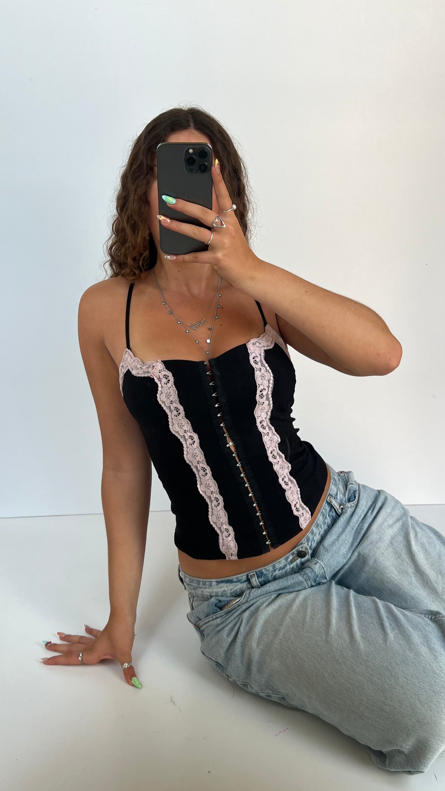 00s black pink lace cami- size S