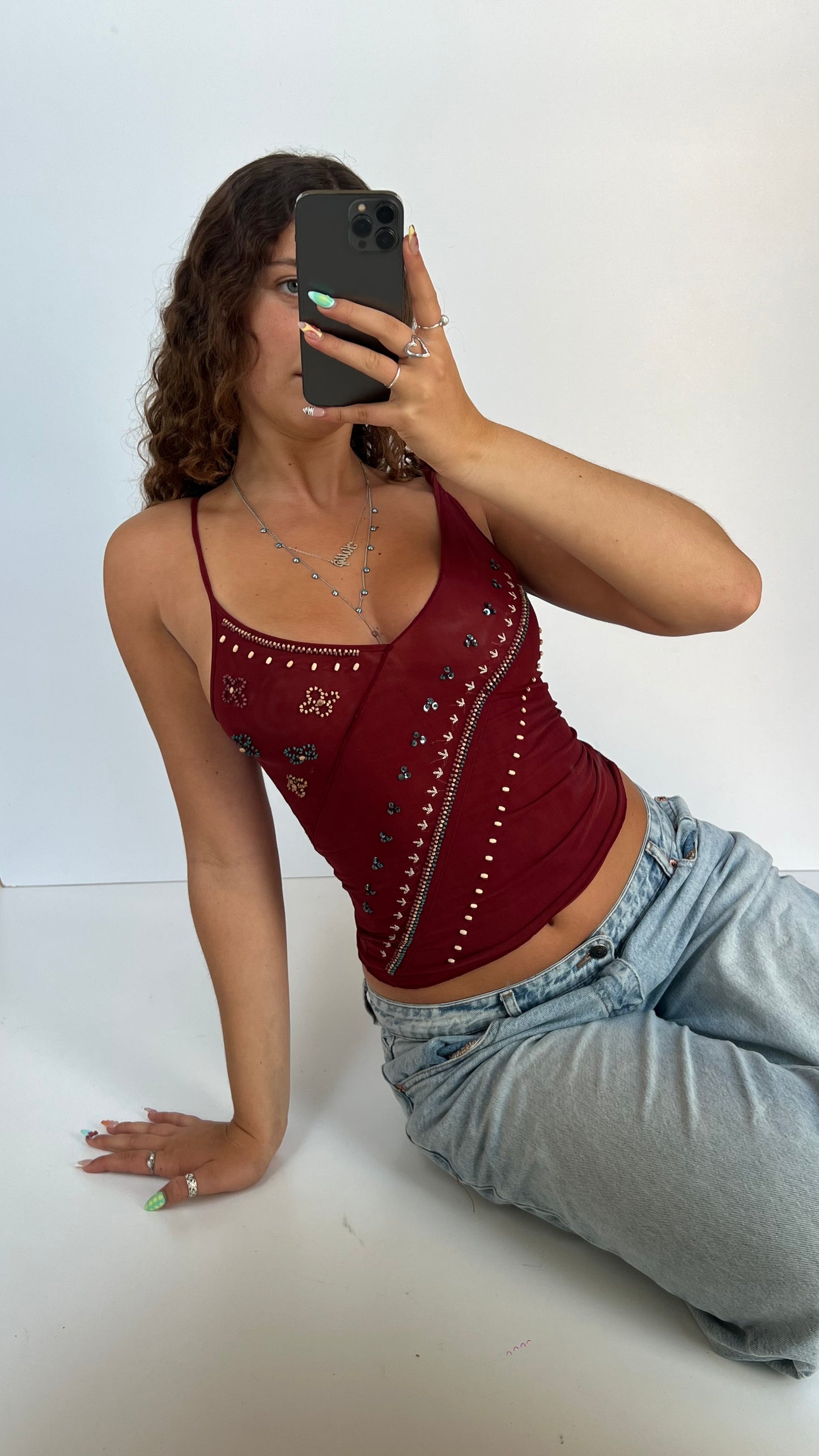 00s red mesh beaded cami- size S