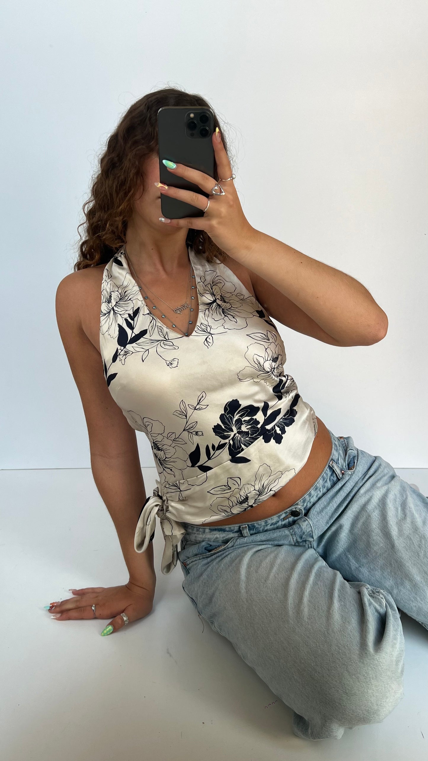 00s white floral silk cami- size S