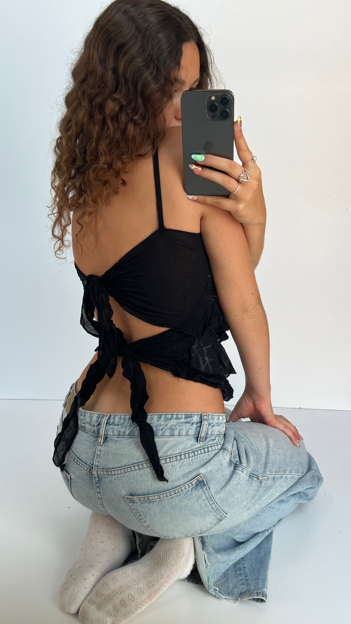 00s black mesh ruffle cami- size S