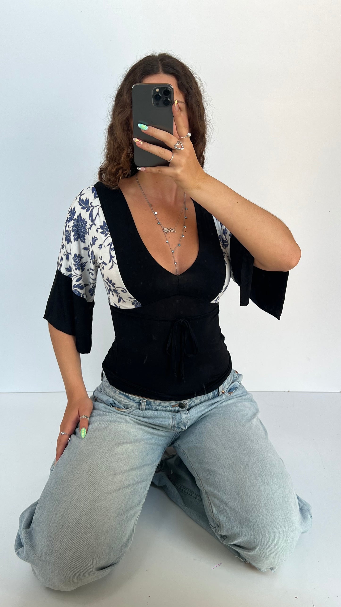 00s black blue floral top- size S
