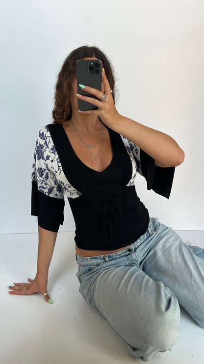00s black blue floral top- size S