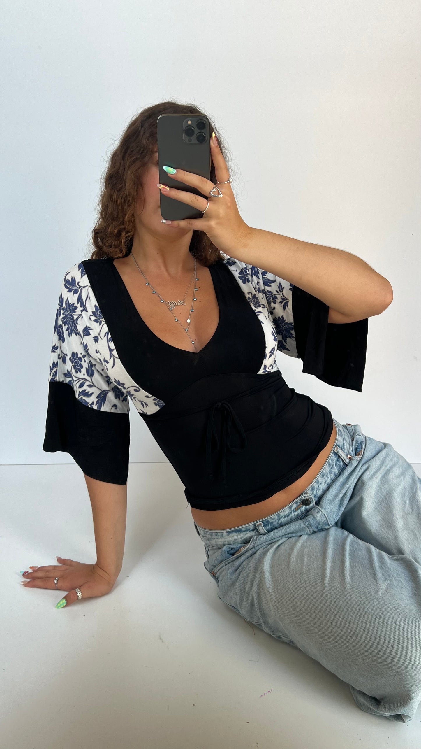 00s black blue floral top- size S