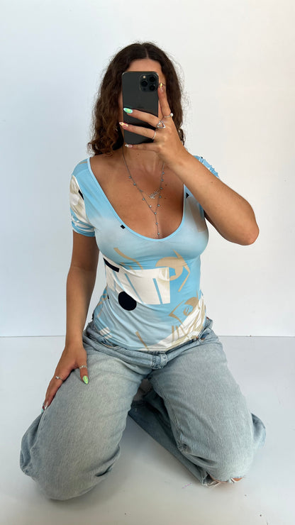 00s blue patterned top- size M