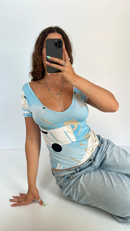00s blue patterned top- size M