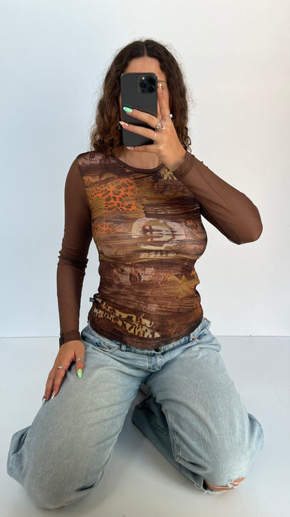 00s brown mesh long sleeve top- size M