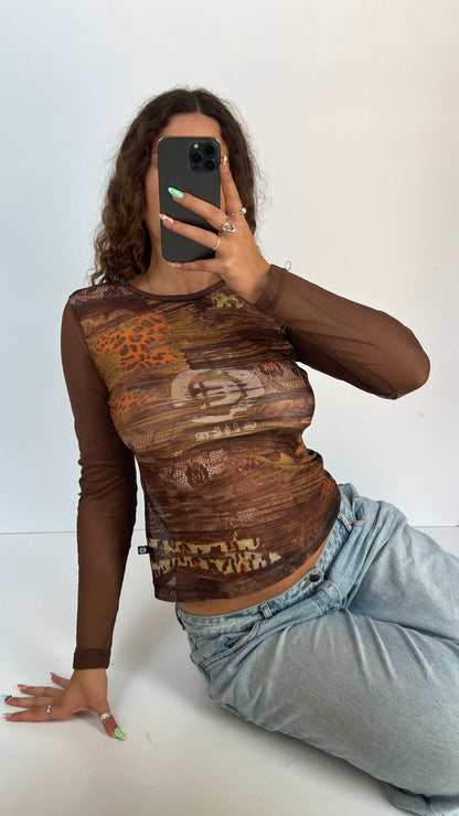 00s brown mesh long sleeve top- size M