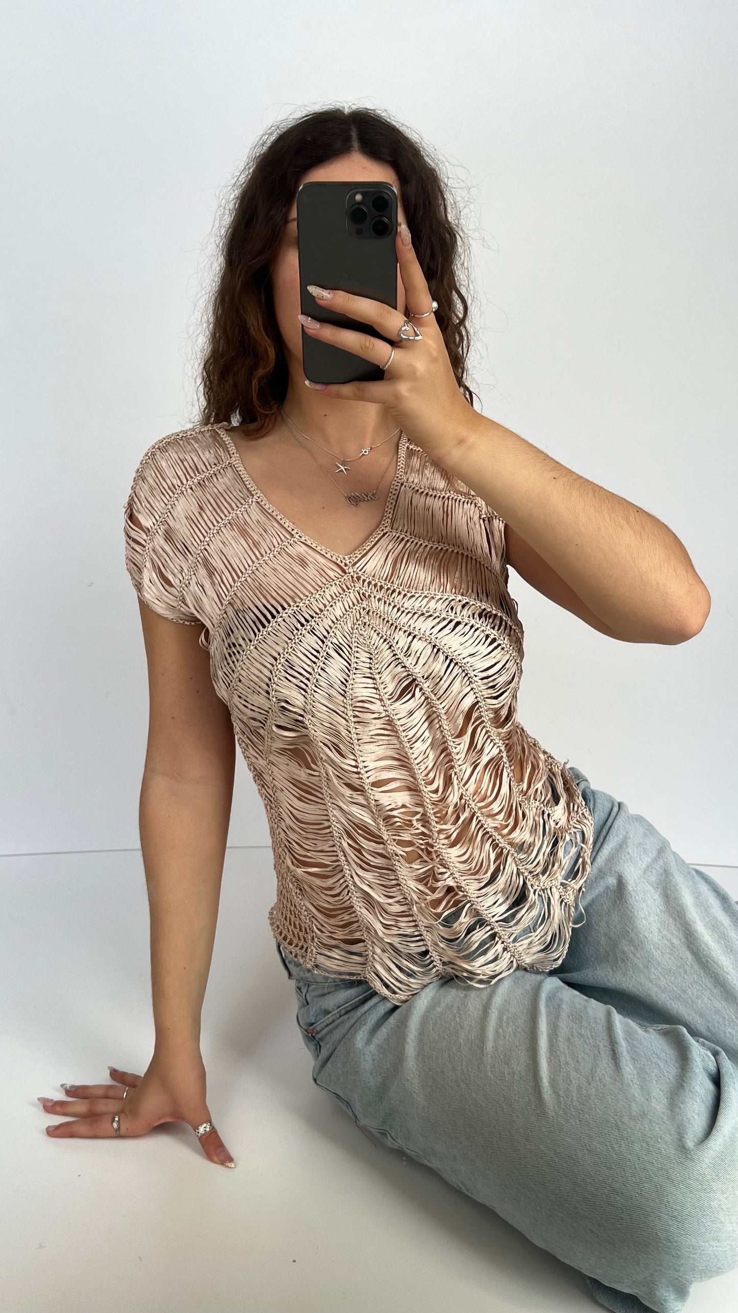 00s gold fishnet top- size XS