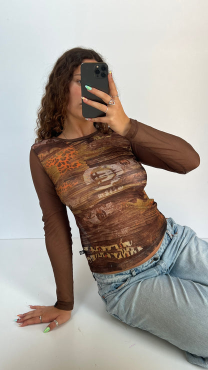 00s brown mesh long sleeve top- size M
