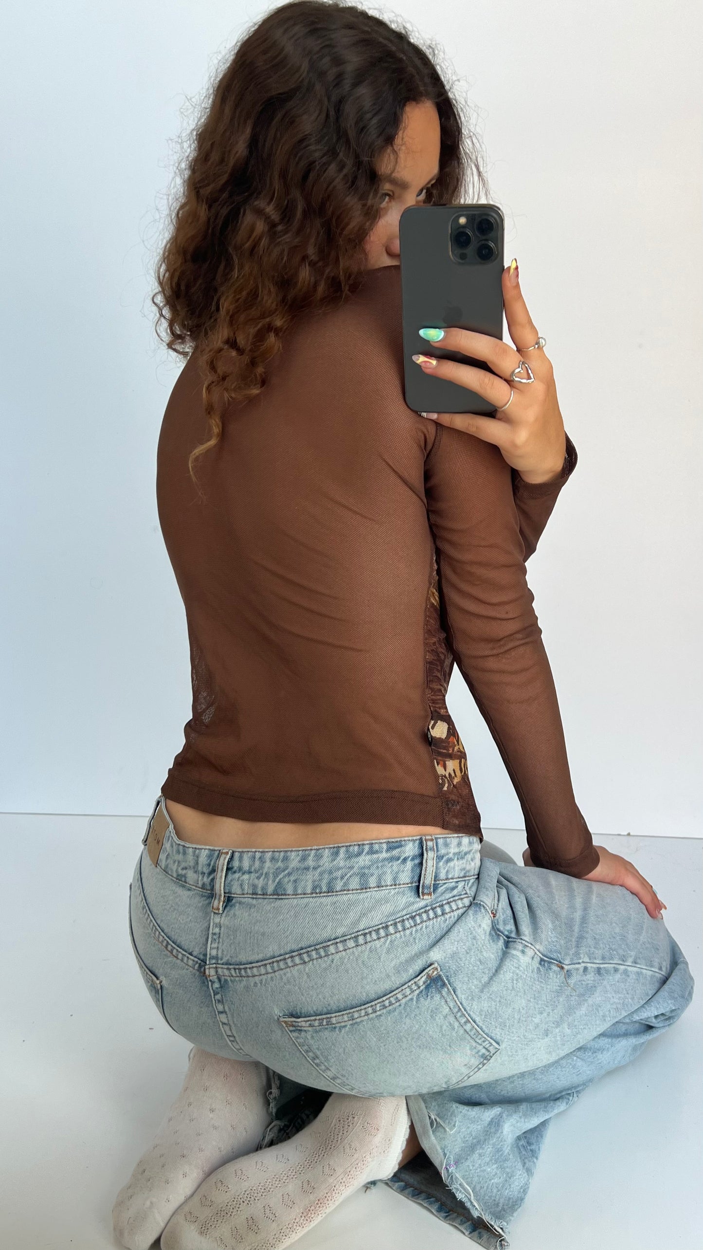 00s brown mesh long sleeve top- size M