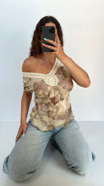 00s beige crochet babydoll top- size M