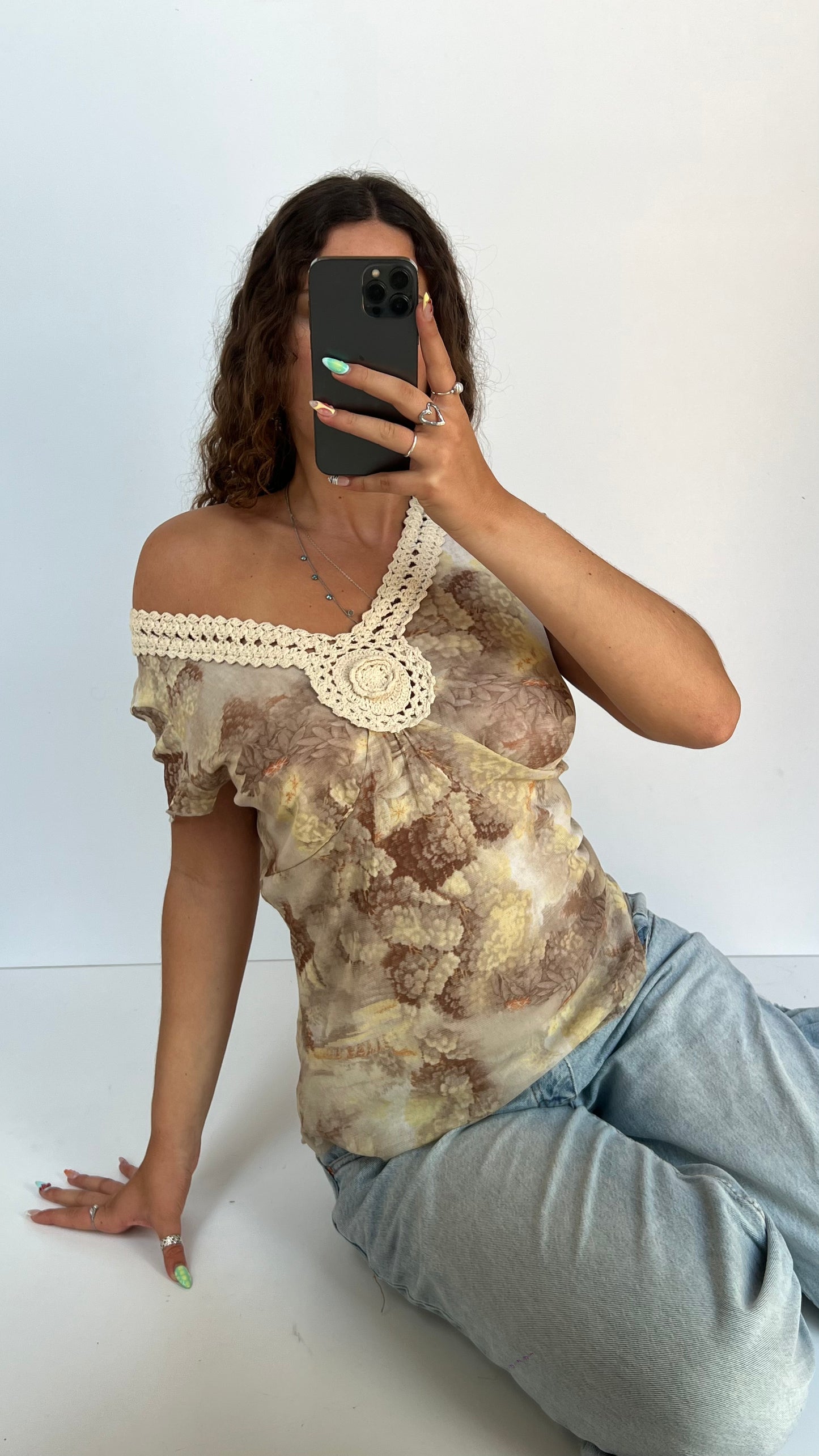 00s beige crochet babydoll top- size M