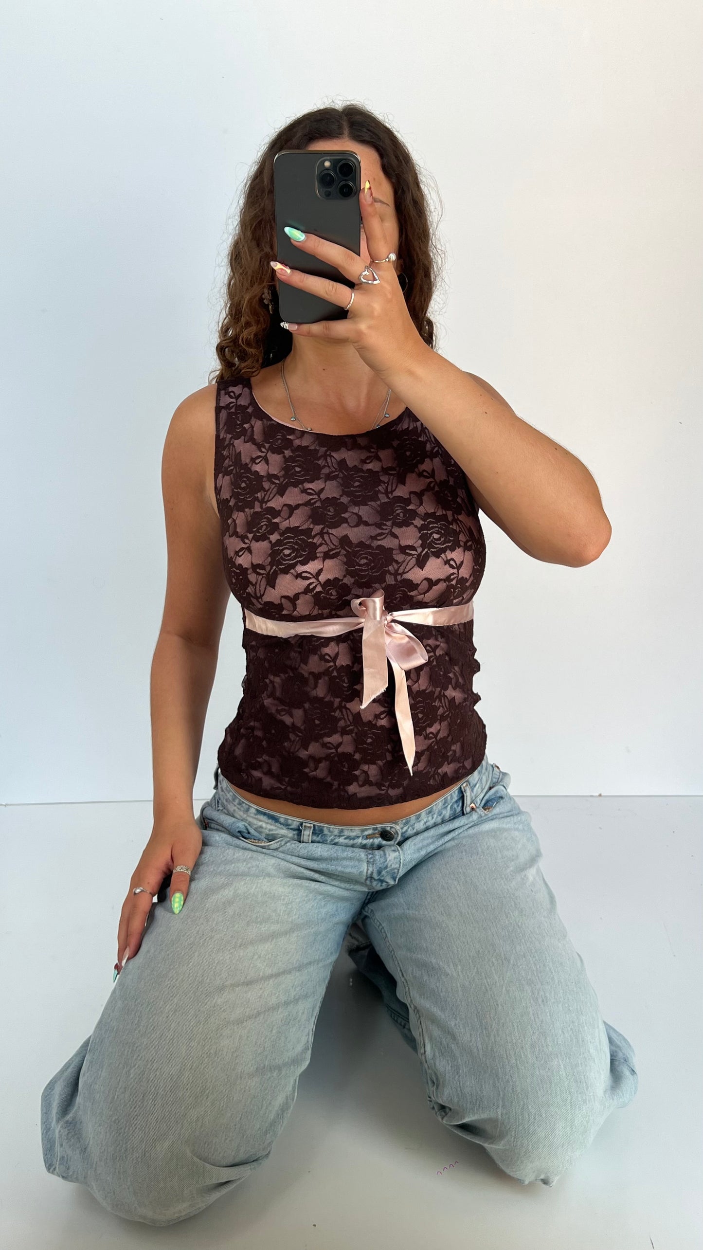 00s brown lace tank top- size S