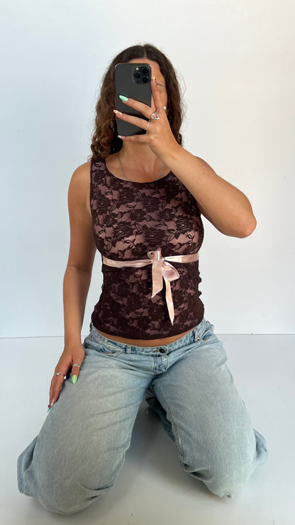 00s brown lace tank top- size S