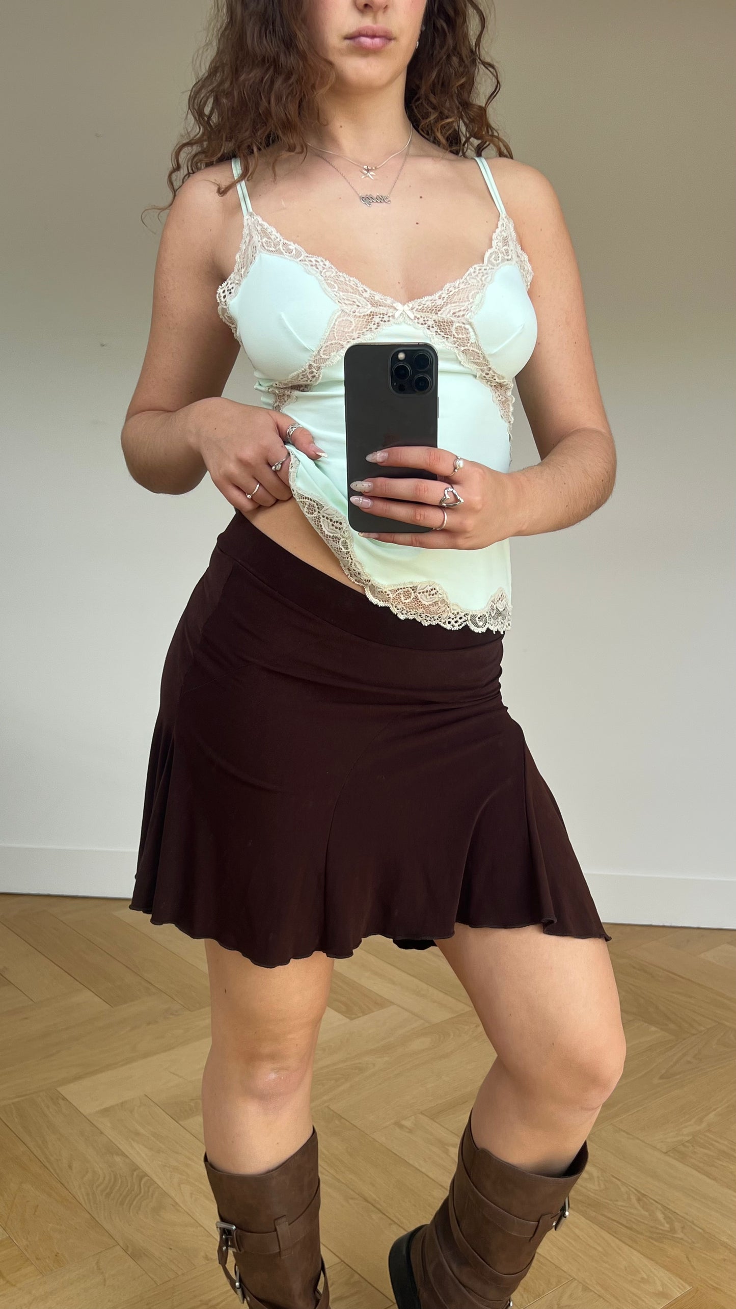00s brown asymmetric mini skirt- size S