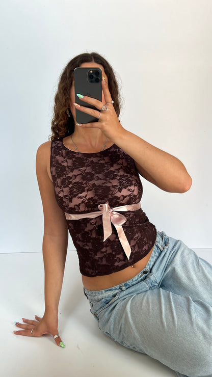 00s brown lace tank top- size S