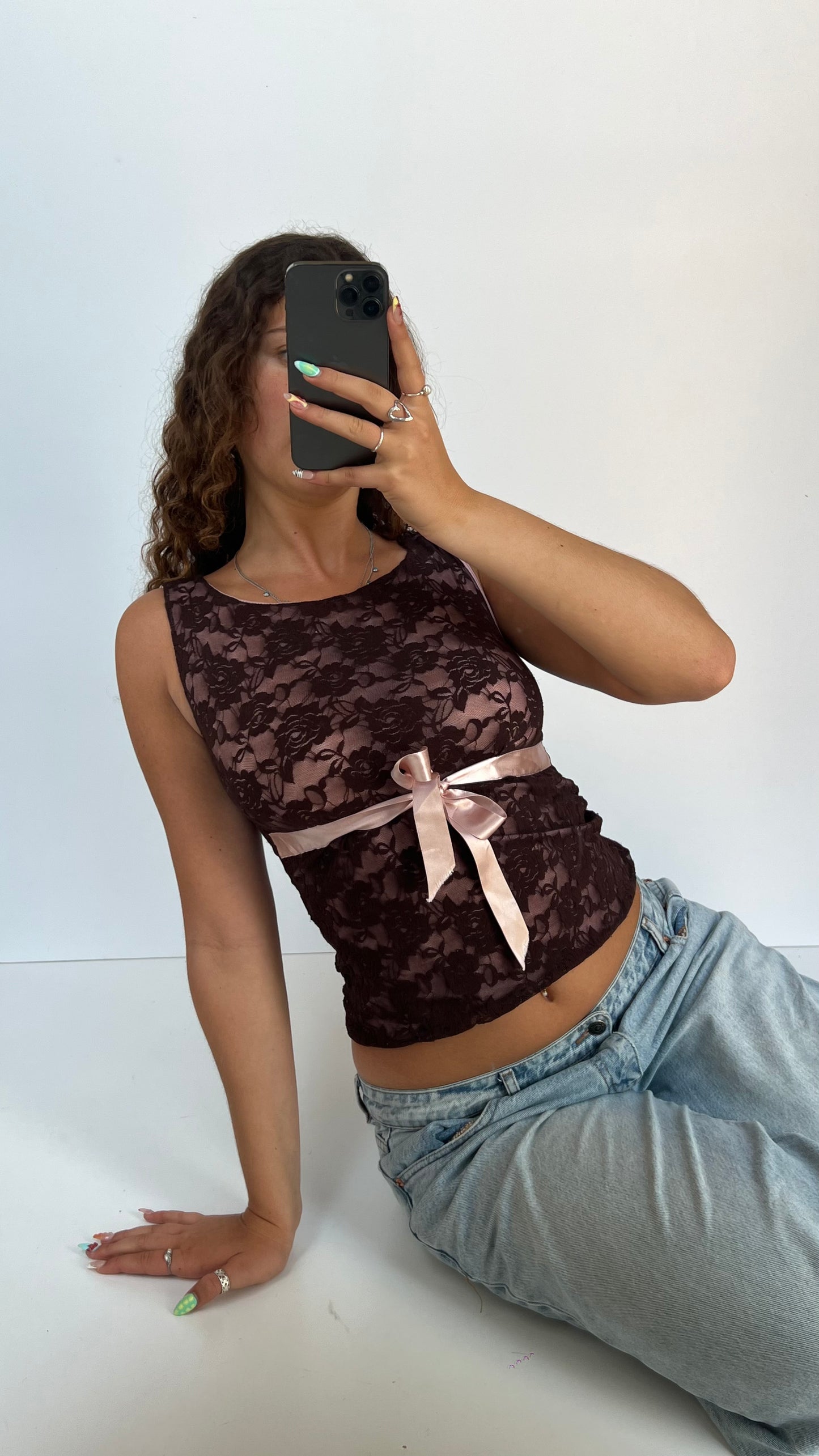 00s brown lace tank top- size S