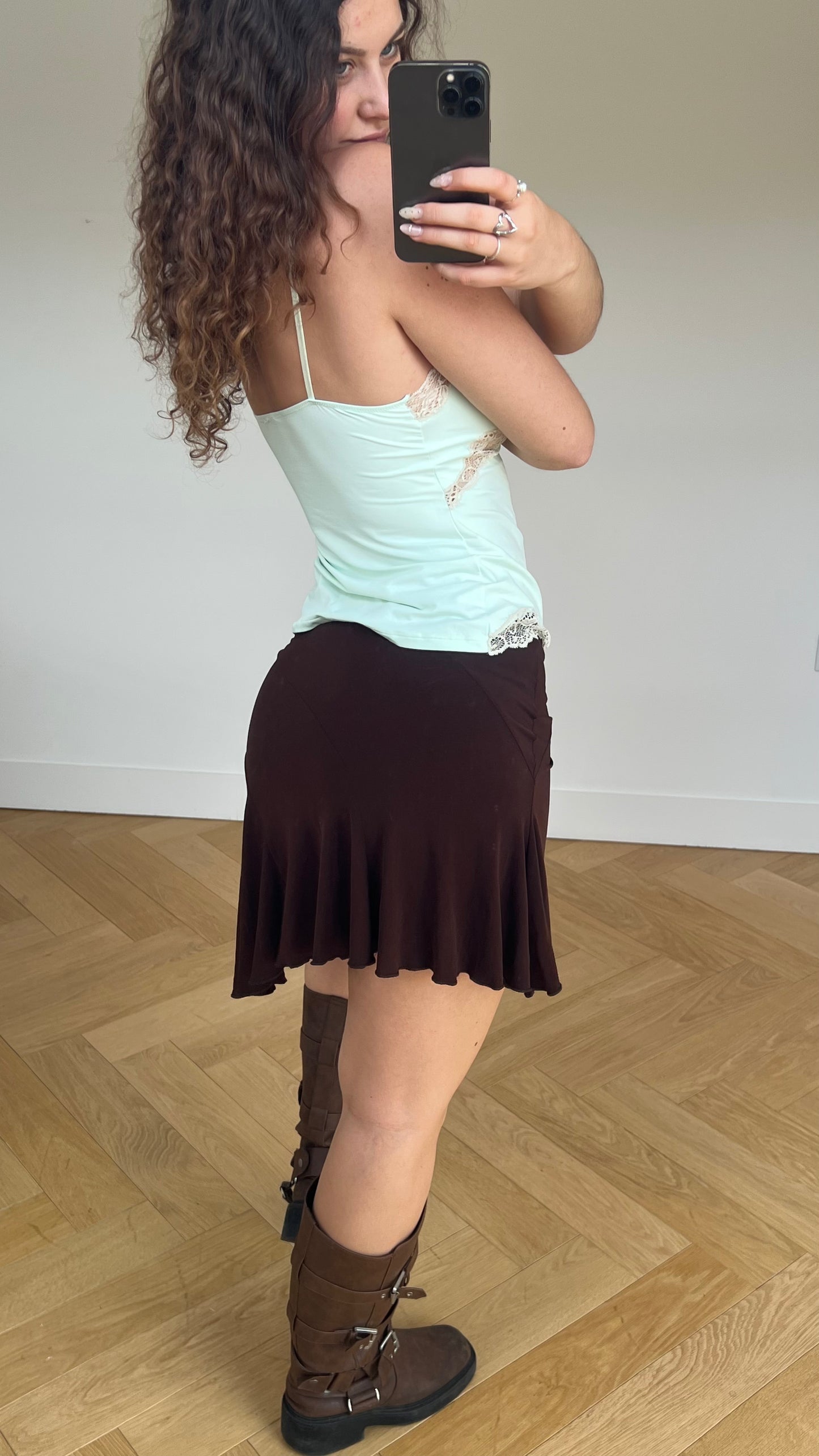 00s brown asymmetric mini skirt- size S