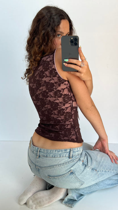 00s brown lace tank top- size S