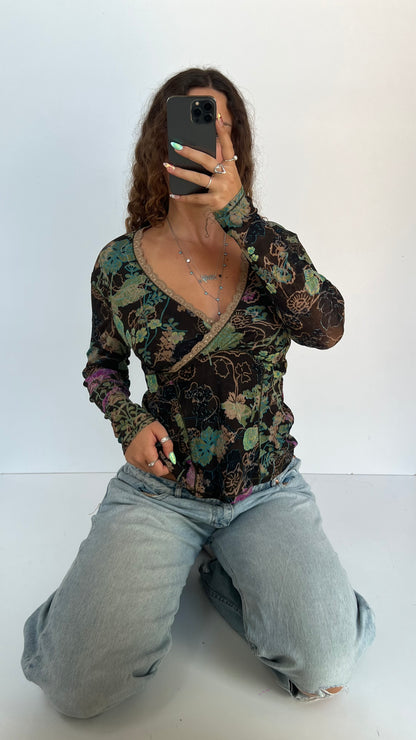 00s brown floral long sleeve top- size L