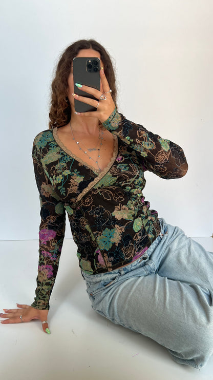 00s brown floral long sleeve top- size L