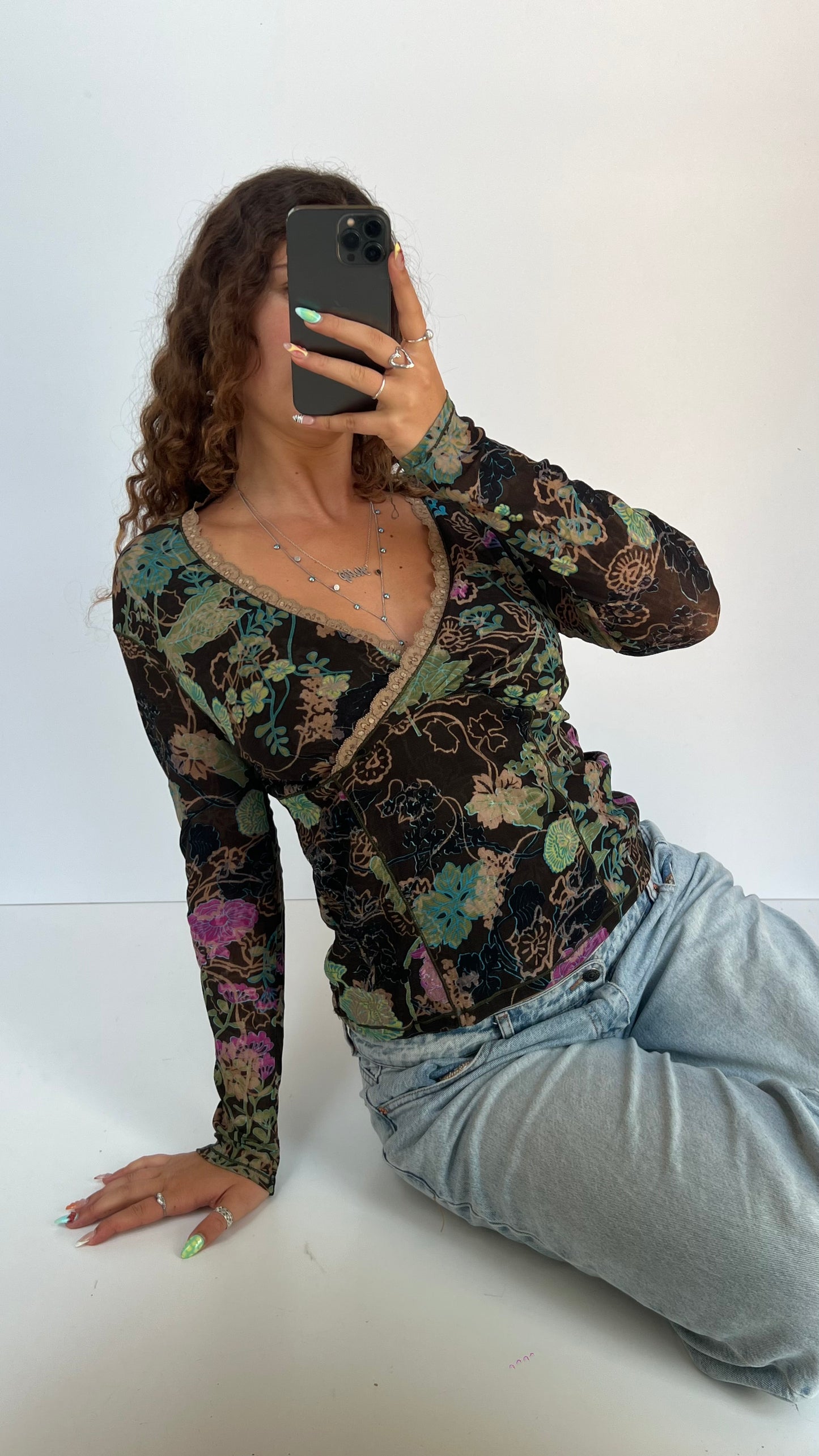 00s brown floral long sleeve top- size L
