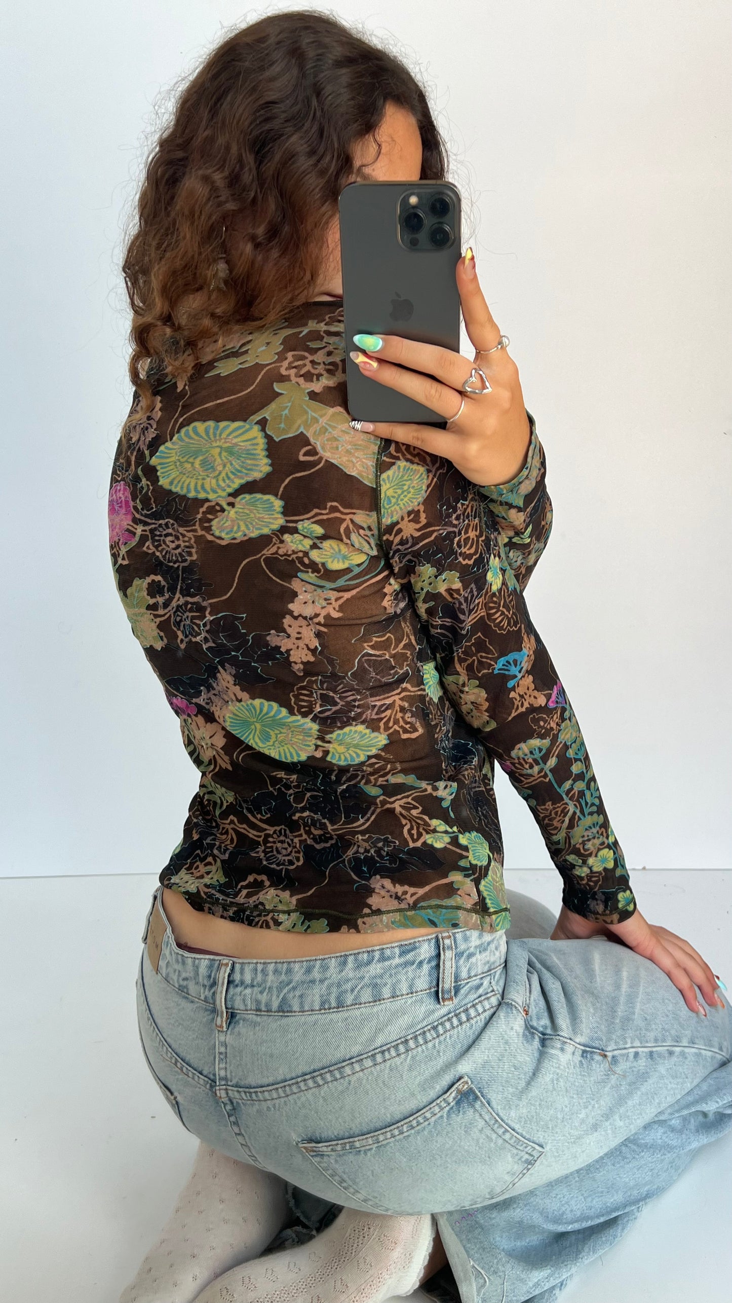 00s brown floral long sleeve top- size L