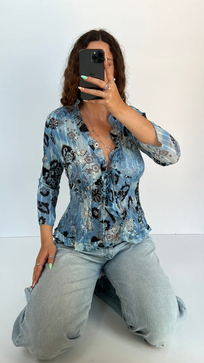 00s blue mesh floral top- size M