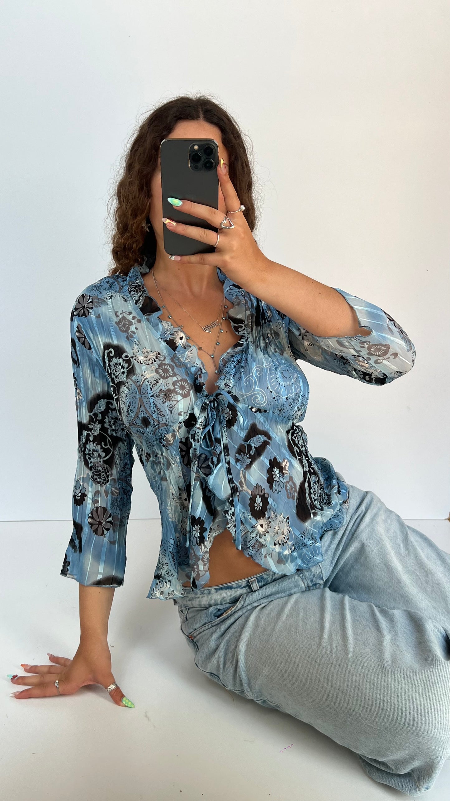 00s blue mesh floral top- size M