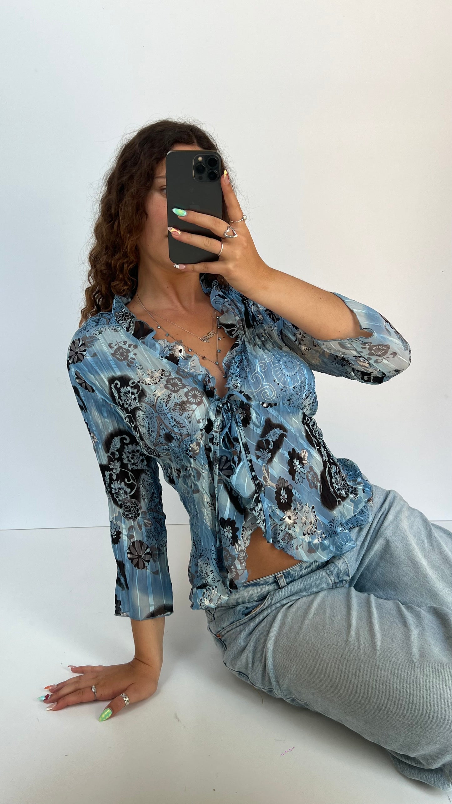 00s blue mesh floral top- size M
