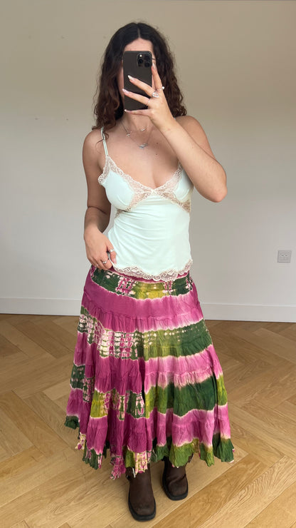 00s green pink tie dye midi skirt- size S