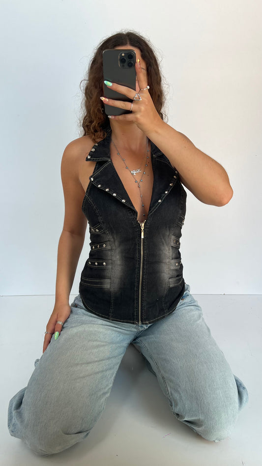 00s black denim halter top- size M