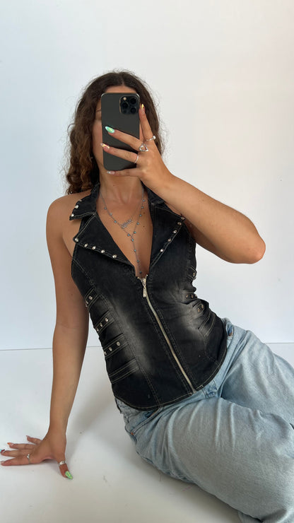 00s black denim halter top- size M