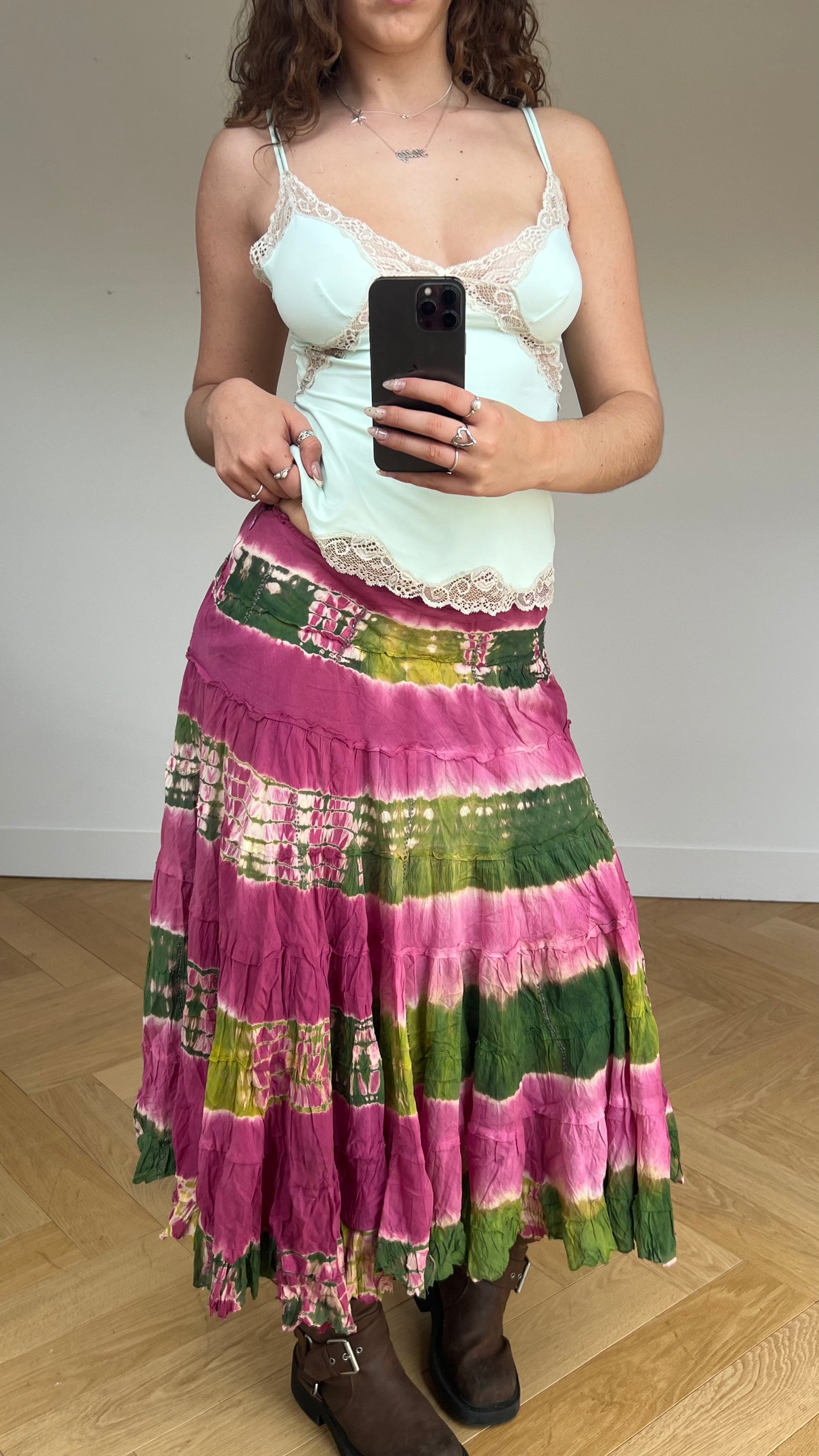 00s green pink tie dye midi skirt- size S
