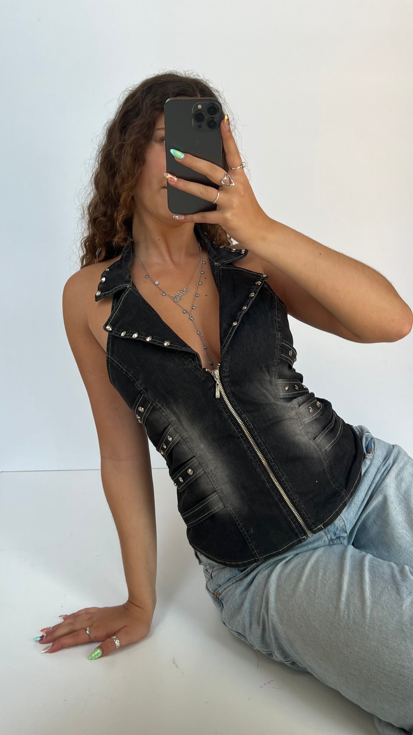00s black denim halter top- size M