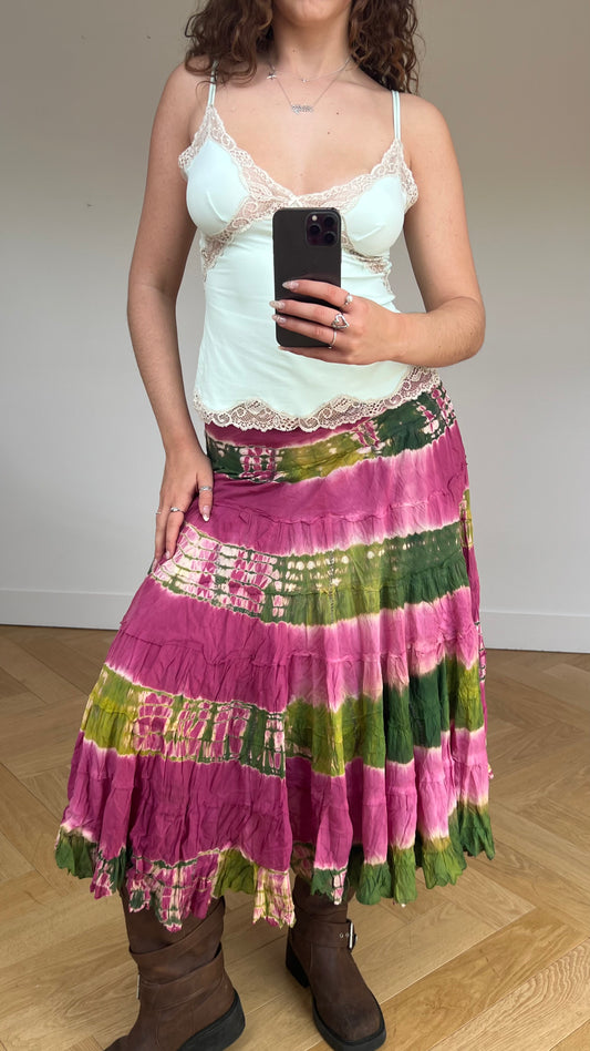 00s green pink tie dye midi skirt- size S