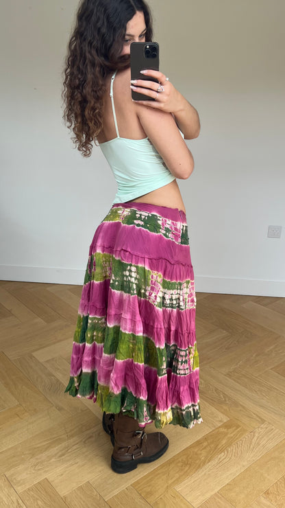 00s green pink tie dye midi skirt- size S