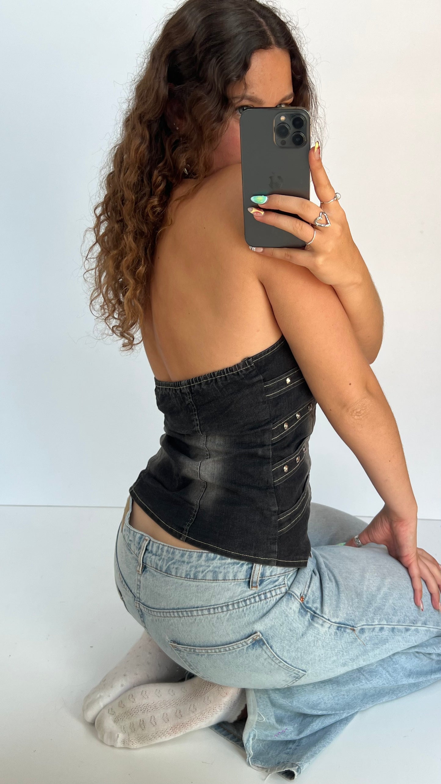 00s black denim halter top- size M