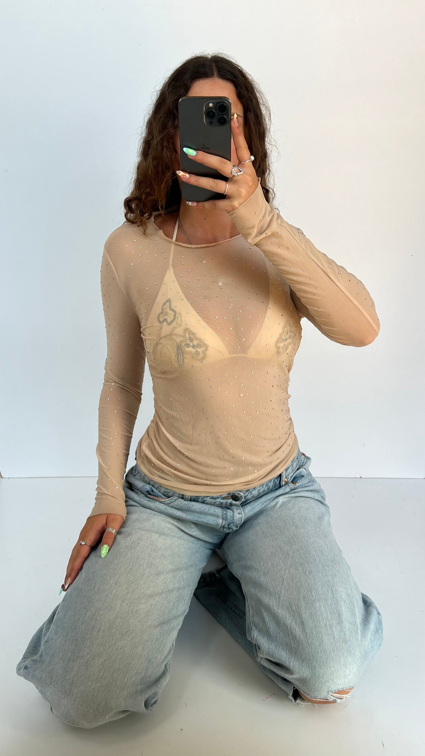 00s beige diamanté long sleeve top- size M