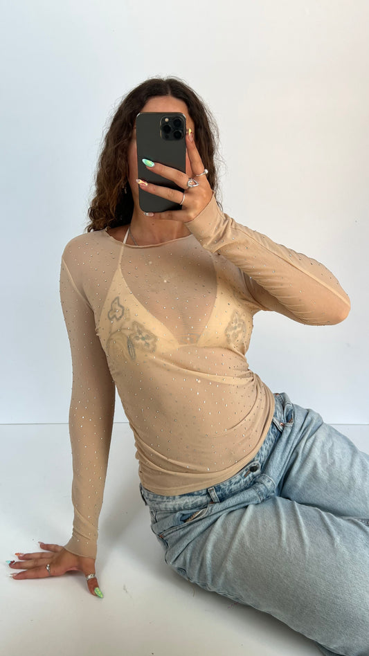 00s beige diamanté long sleeve top- size M