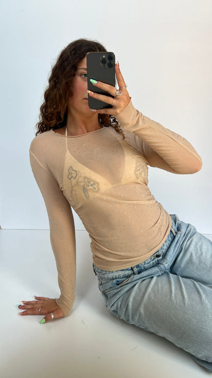 00s beige diamanté long sleeve top- size M