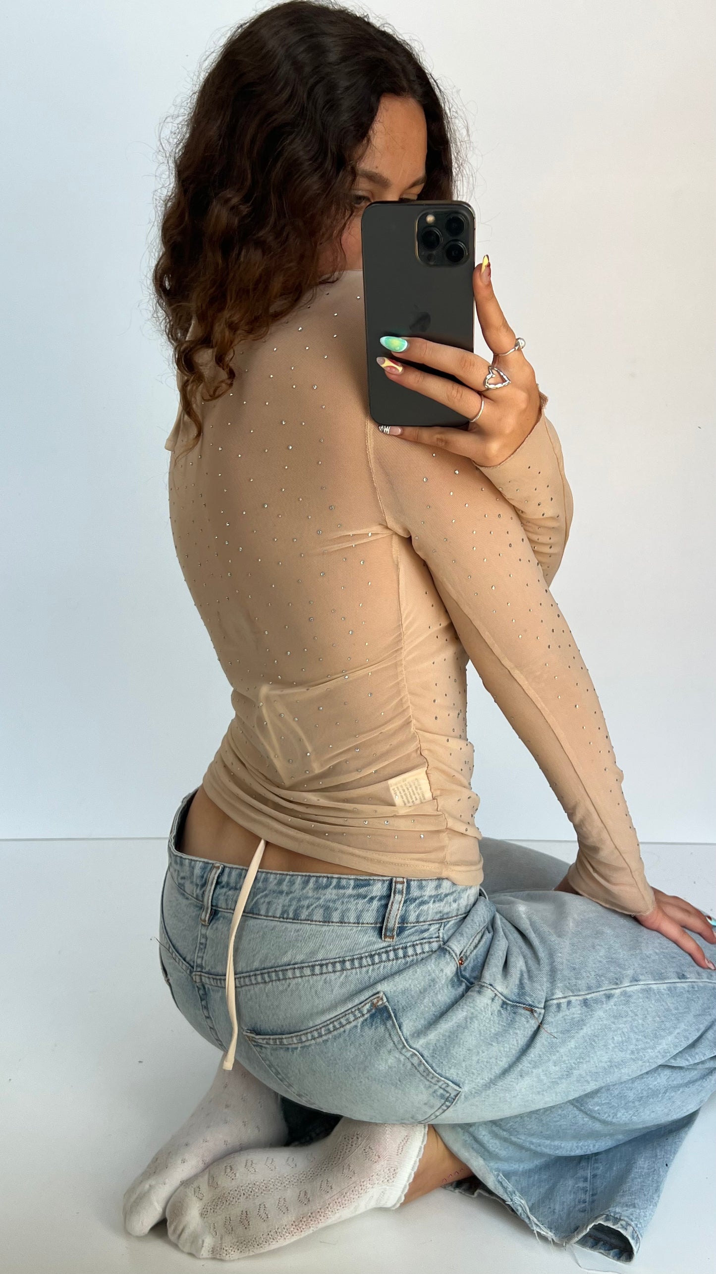 00s beige diamanté long sleeve top- size M