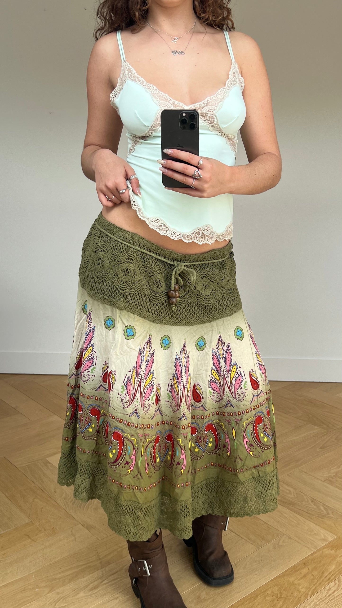 00s green boho midi skirt- size XL