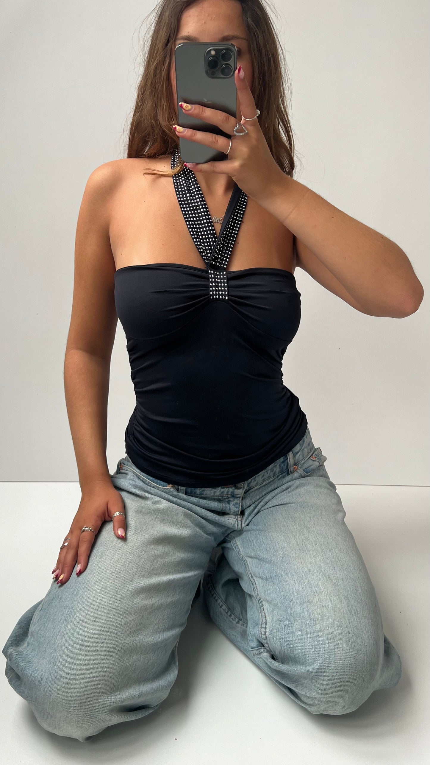 00s black stud halter cami- size S