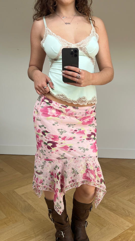 00s pink floral midi skirt- size `S